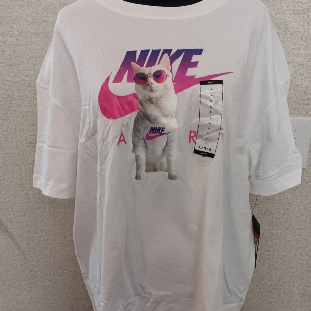 Nike White Tee with Pink and Purple Cat Graphic